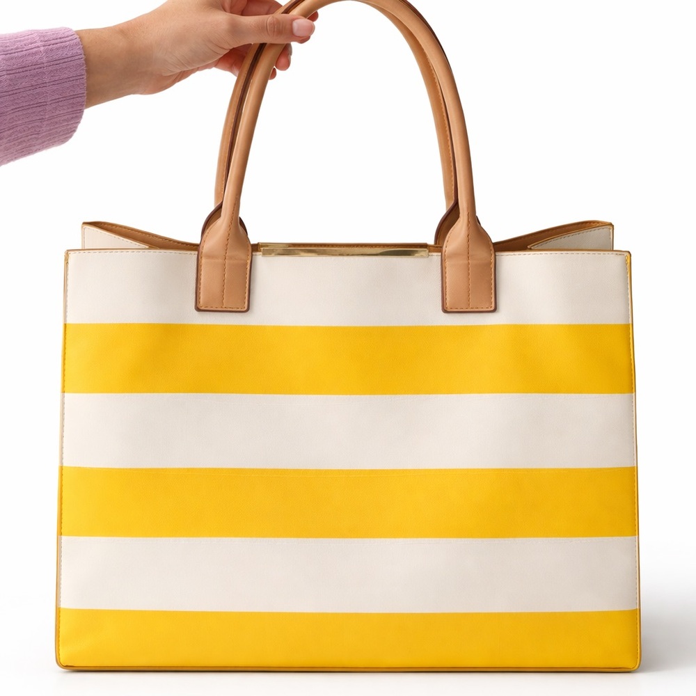 Kate Landry Yellow and White Striped Tote with Tan Handles